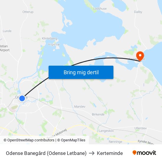 Odense Banegård (Odense Letbane) to Kerteminde map