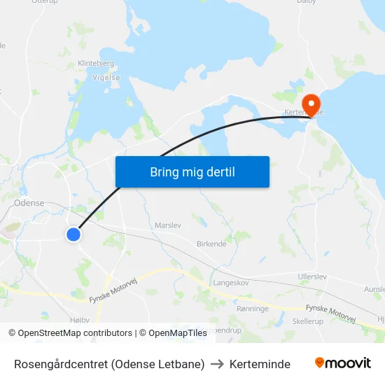Rosengårdcentret (Odense Letbane) to Kerteminde map