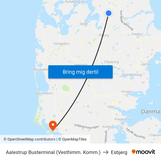 Aalestrup Busterminal (Vesthimm. Komm.) to Esbjerg map