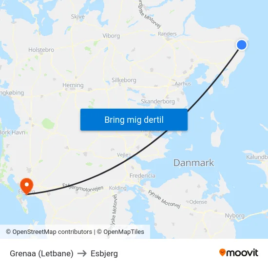 Grenaa (Letbane) to Esbjerg map
