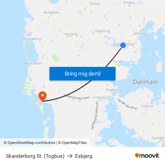 Skanderborg St. (Togbus) to Esbjerg map