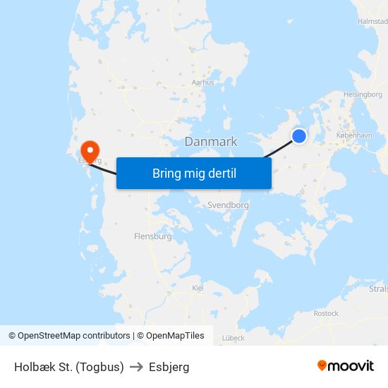 Holbæk St. (Togbus) to Esbjerg map