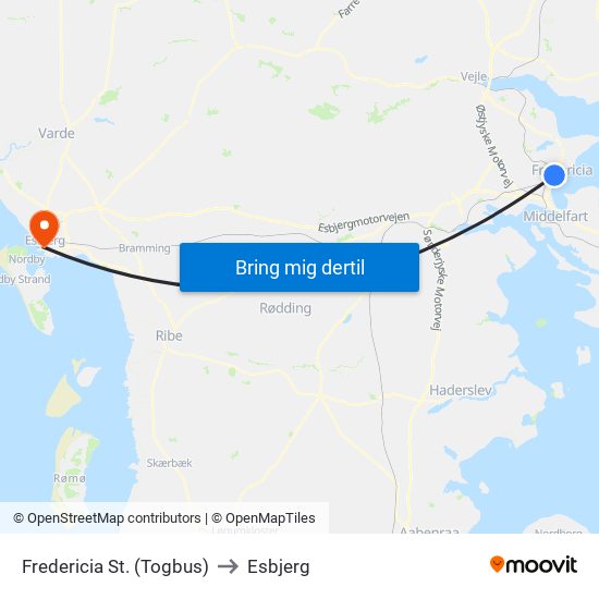 Fredericia St. (Togbus) to Esbjerg map