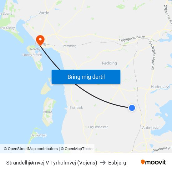 Strandelhjørnvej V Tyrholmvej (Vojens) to Esbjerg map