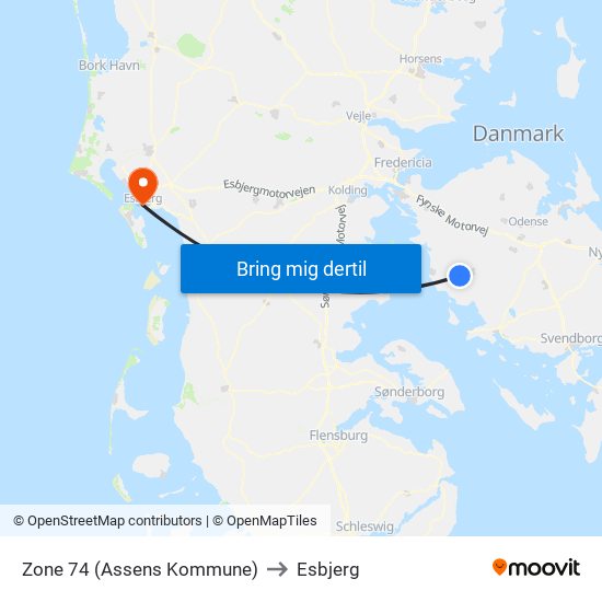 Zone 74 (Assens Kommune) to Esbjerg map