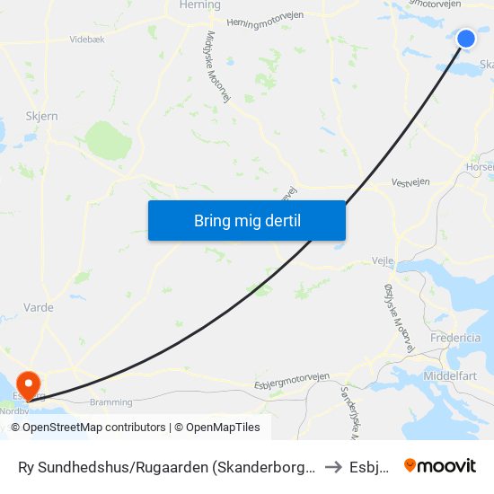 Ry Sundhedshus/Rugaarden (Skanderborg Kom) to Esbjerg map