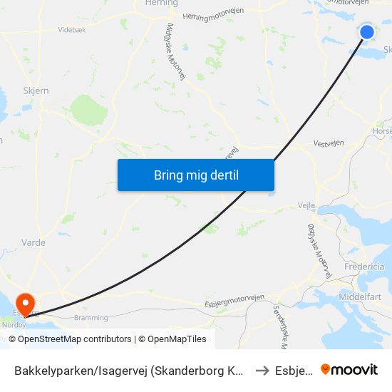 Bakkelyparken/Isagervej (Skanderborg Kom) to Esbjerg map