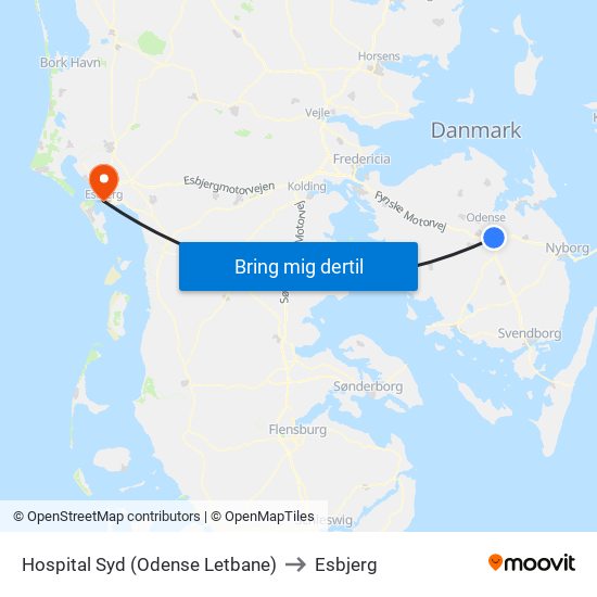 Hospital Syd (Odense Letbane) to Esbjerg map