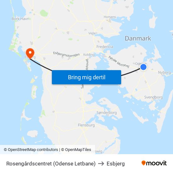 Rosengårdscentret (Odense Letbane) to Esbjerg map