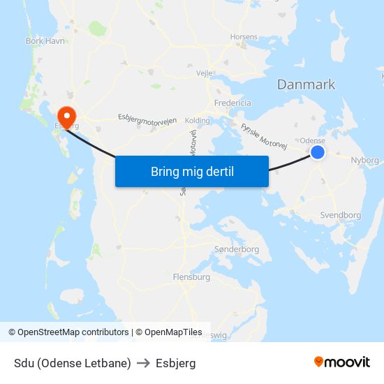 Sdu (Odense Letbane) to Esbjerg map