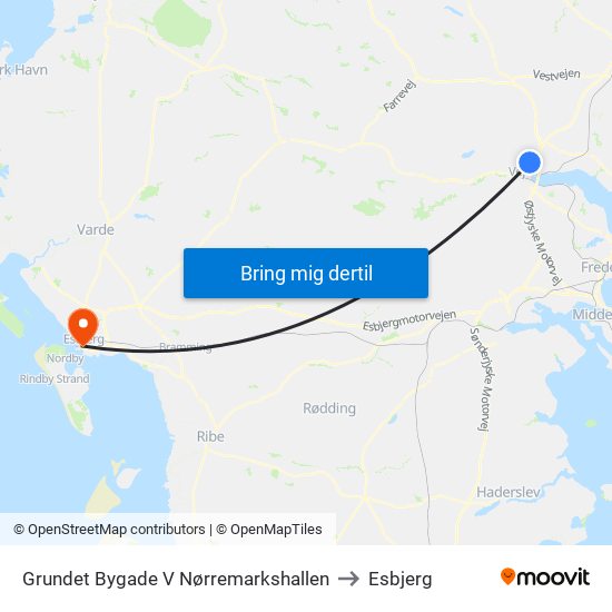 Grundet Bygade V Nørremarkshallen to Esbjerg map