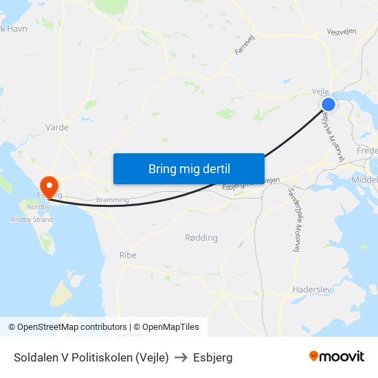 Soldalen V Politiskolen (Vejle) to Esbjerg map