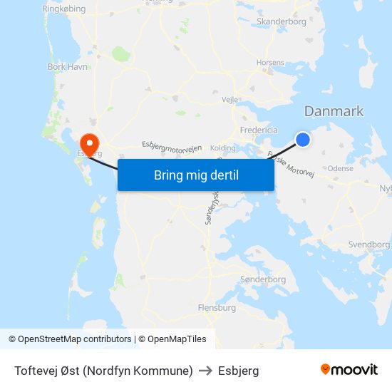 Toftevej Øst (Nordfyn Kommune) to Esbjerg map