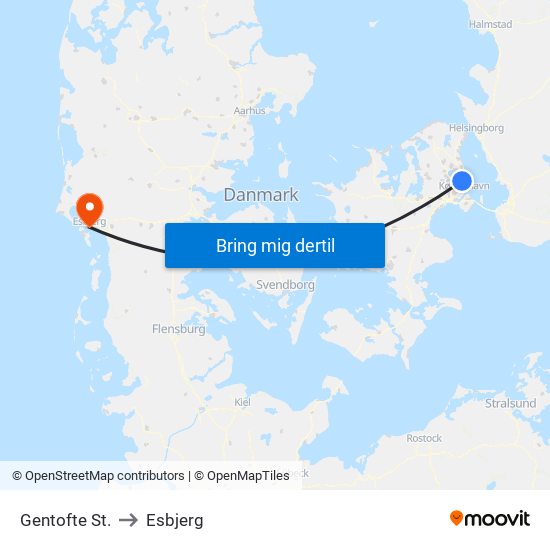 Gentofte St. to Esbjerg map