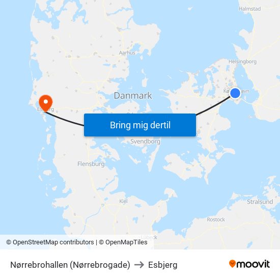 Nørrebrohallen (Nørrebrogade) to Esbjerg map