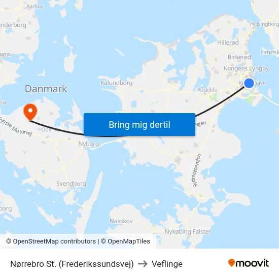 Nørrebro St. (Frederikssundsvej) to Veflinge map