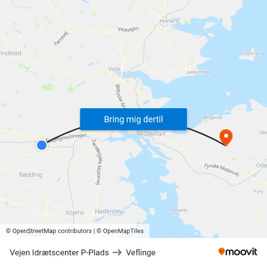 Vejen Idrætscenter P-Plads to Veflinge map