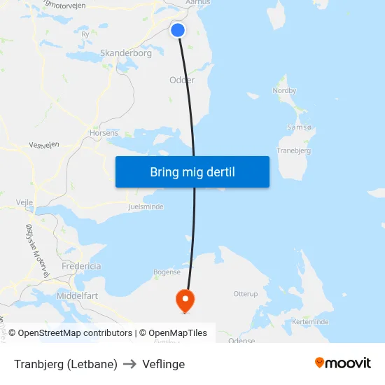 Tranbjerg (Letbane) to Veflinge map