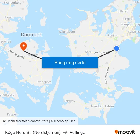 Køge Nord St. (Nordstjernen) to Veflinge map