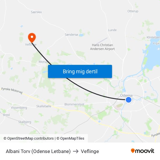 Albani Torv (Odense Letbane) to Veflinge map