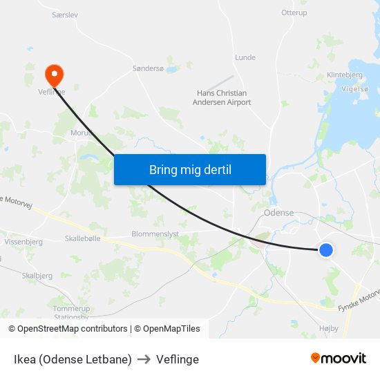 Ikea (Odense Letbane) to Veflinge map