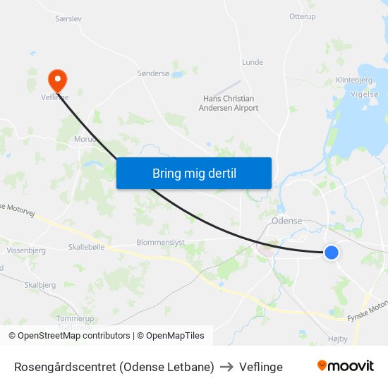 Rosengårdscentret (Odense Letbane) to Veflinge map