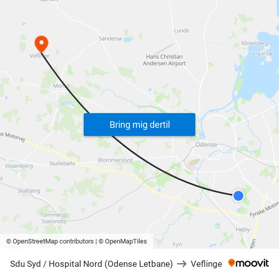 Sdu Syd / Hospital Nord (Odense Letbane) to Veflinge map