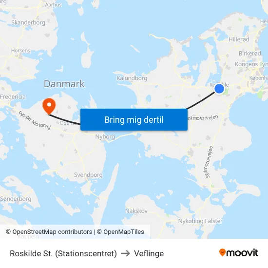 Roskilde St. (Stationscentret) to Veflinge map