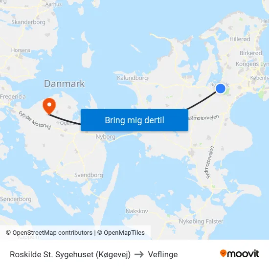 Roskilde St. Sygehuset (Køgevej) to Veflinge map