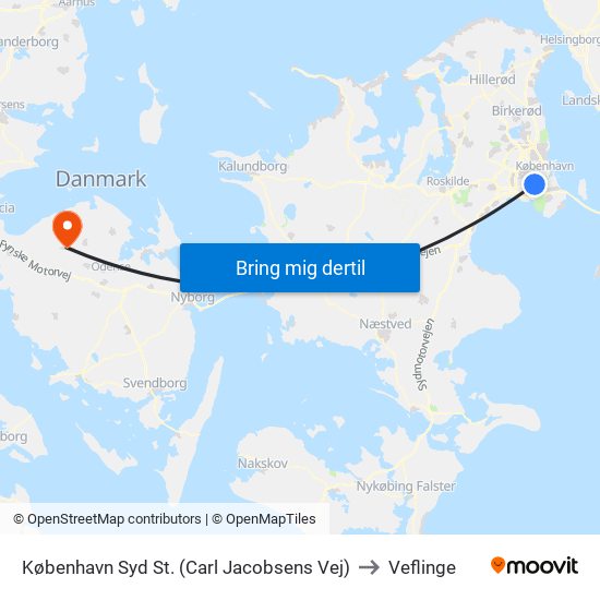 København Syd St. (Carl Jacobsens Vej) to Veflinge map