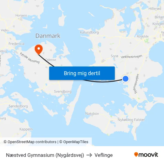 Næstved Gymnasium (Nygårdsvej) to Veflinge map