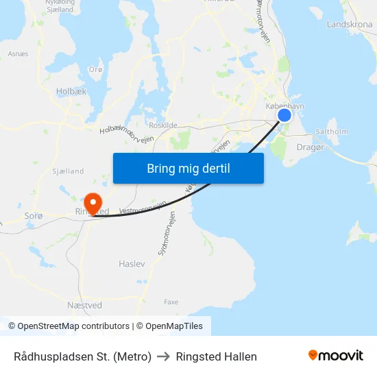 Rådhuspladsen St. (Metro) to Ringsted Hallen map