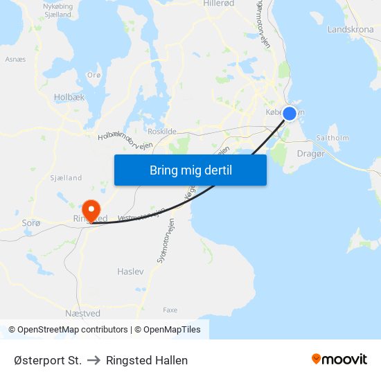 Østerport St. to Ringsted Hallen map