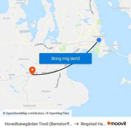 Hovedbanegården Tivoli (Bernstorffsgade) to Ringsted Hallen map