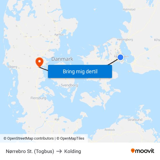 Nørrebro St. (Togbus) to Kolding map