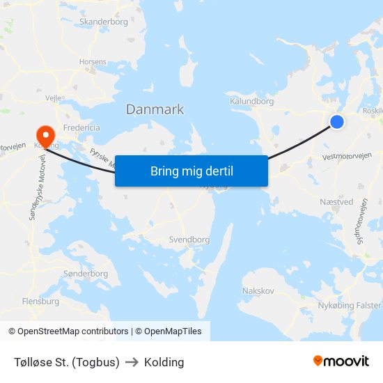 Tølløse St. (Togbus) to Kolding map