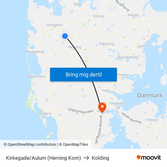 Kirkegade/Aulum (Herning Kom) to Kolding map