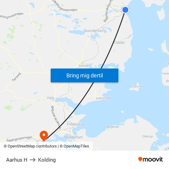 Aarhus H to Kolding map