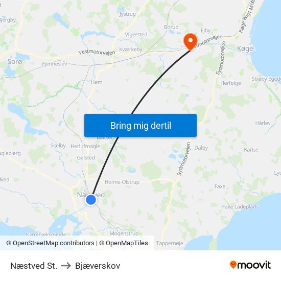 Næstved St. to Bjæverskov map