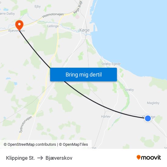 Klippinge St. to Bjæverskov map