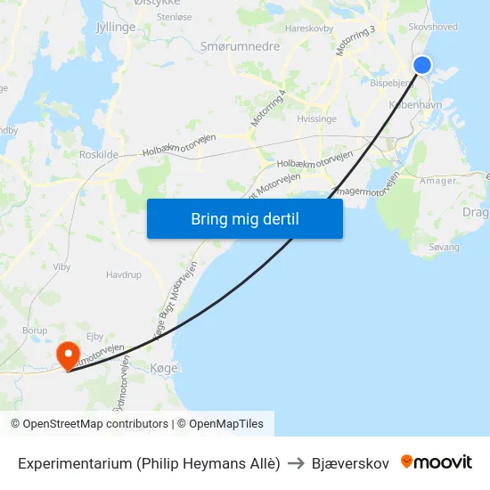 Experimentarium (Philip Heymans Allè) to Bjæverskov map