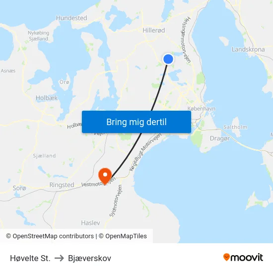 Høvelte St. to Bjæverskov map