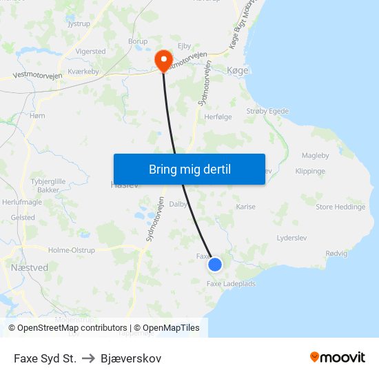 Faxe Syd St. to Bjæverskov map