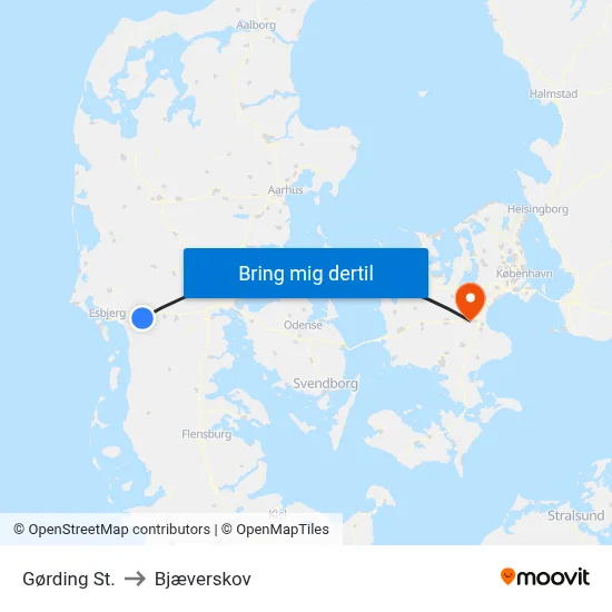 Gørding St. to Bjæverskov map