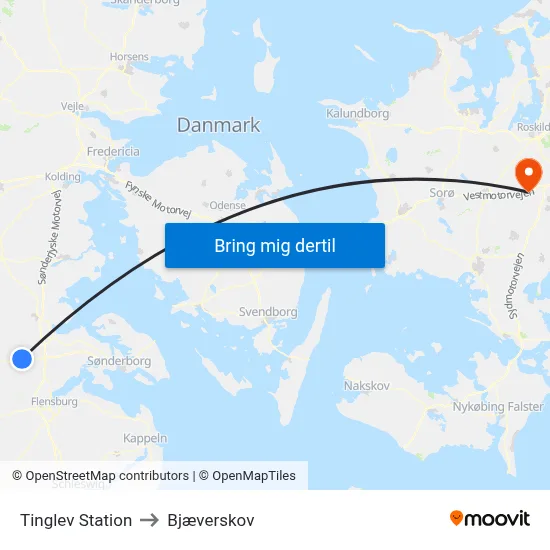 Tinglev Station to Bjæverskov map