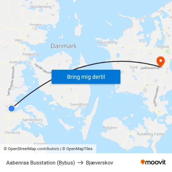 Aabenraa Busstation (Bybus) to Bjæverskov map