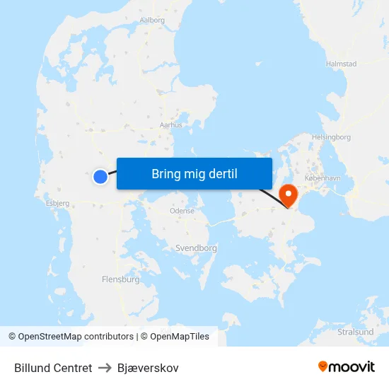 Billund Centret to Bjæverskov map