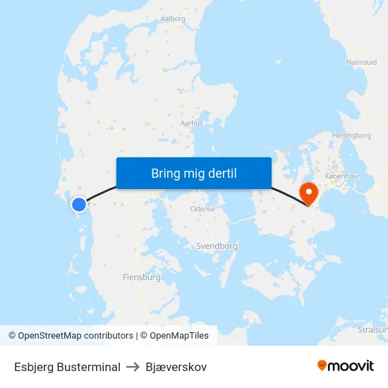Esbjerg Busterminal to Bjæverskov map