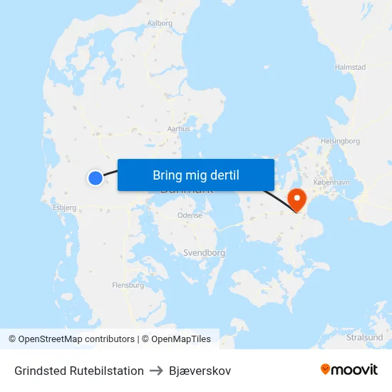Grindsted Rutebilstation to Bjæverskov map