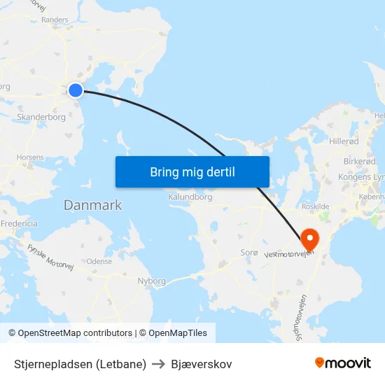 Stjernepladsen (Letbane) to Bjæverskov map